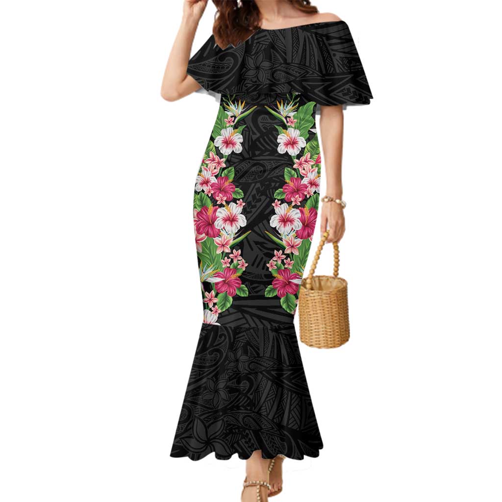Hawaii Tropical Flowers Family Matching Mermaid Dress and Hawaiian Shirt Black Polynesian Tattoo Art LT05 Mom's Dress Black - Polynesian Pride
