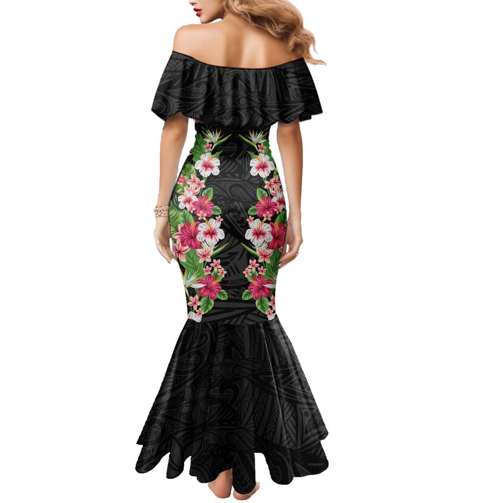 Hawaii Tropical Flowers Family Matching Mermaid Dress and Hawaiian Shirt Black Polynesian Tattoo Art LT05 - Polynesian Pride