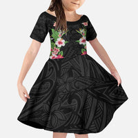 Hawaii Tropical Flowers Family Matching Off The Shoulder Long Sleeve Dress and Hawaiian Shirt Black Polynesian Tattoo Art LT05 Daughter's Dress Black - Polynesian Pride