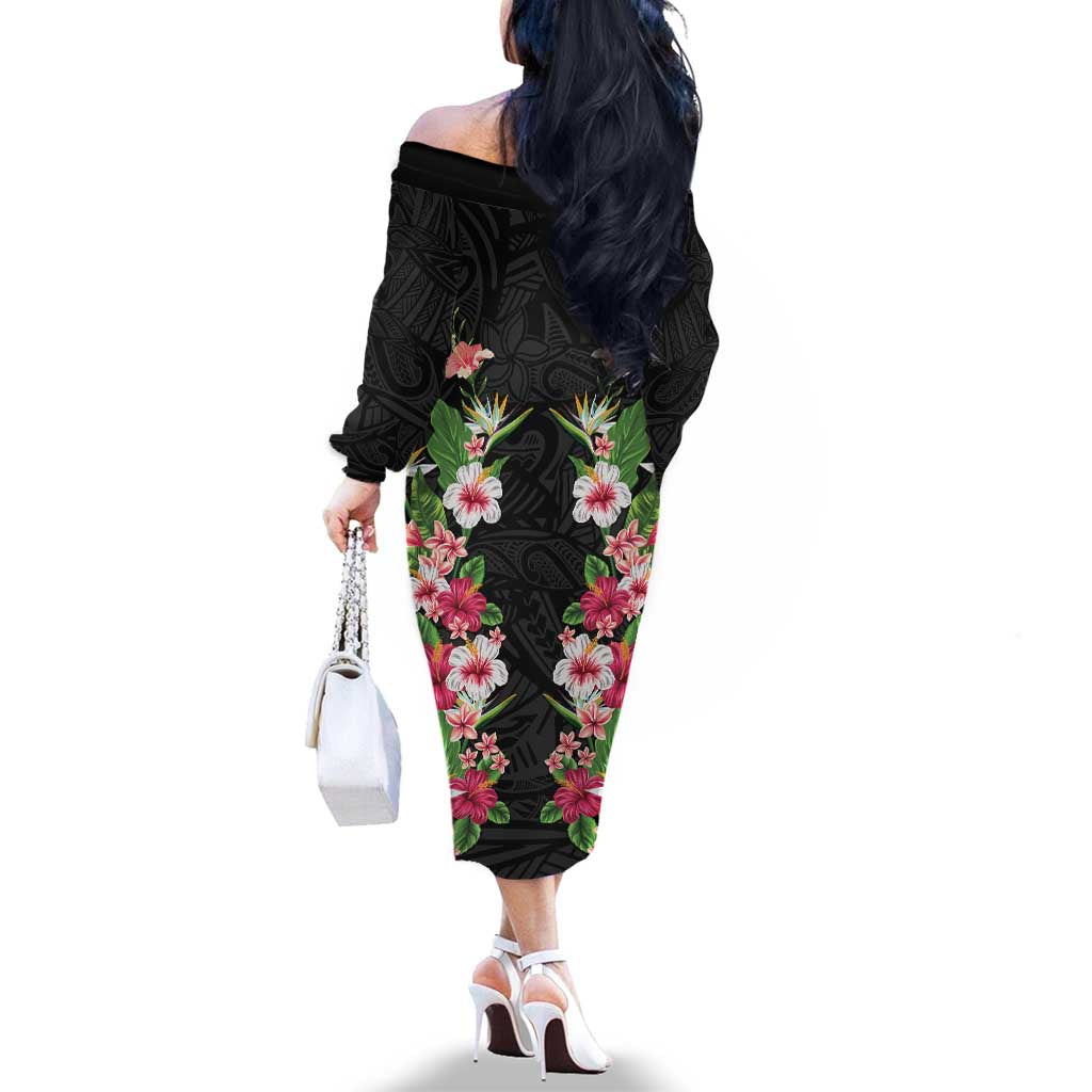Hawaii Tropical Flowers Family Matching Off The Shoulder Long Sleeve Dress and Hawaiian Shirt Black Polynesian Tattoo Art LT05 - Polynesian Pride