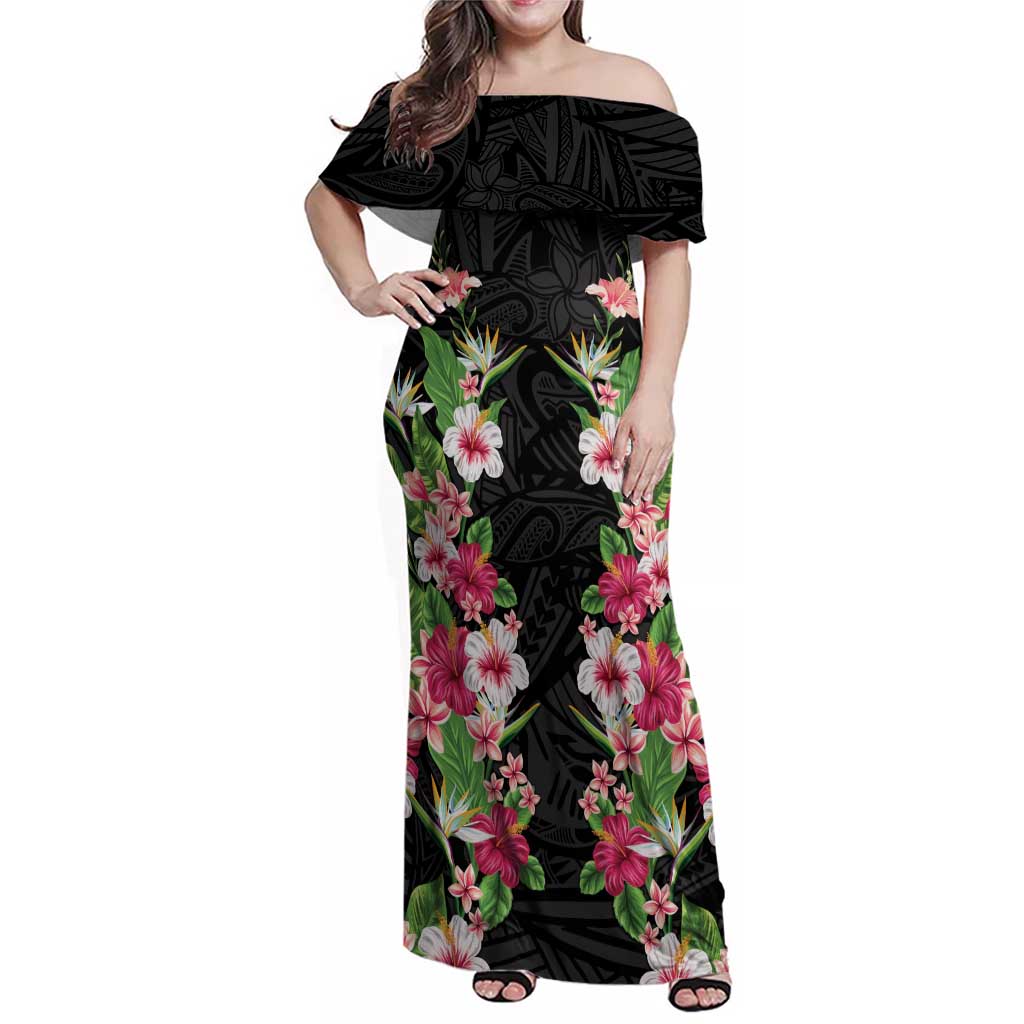 Hawaii Tropical Flowers Family Matching Off Shoulder Maxi Dress and Hawaiian Shirt Black Polynesian Tattoo Art LT05 Mom's Dress Black - Polynesian Pride
