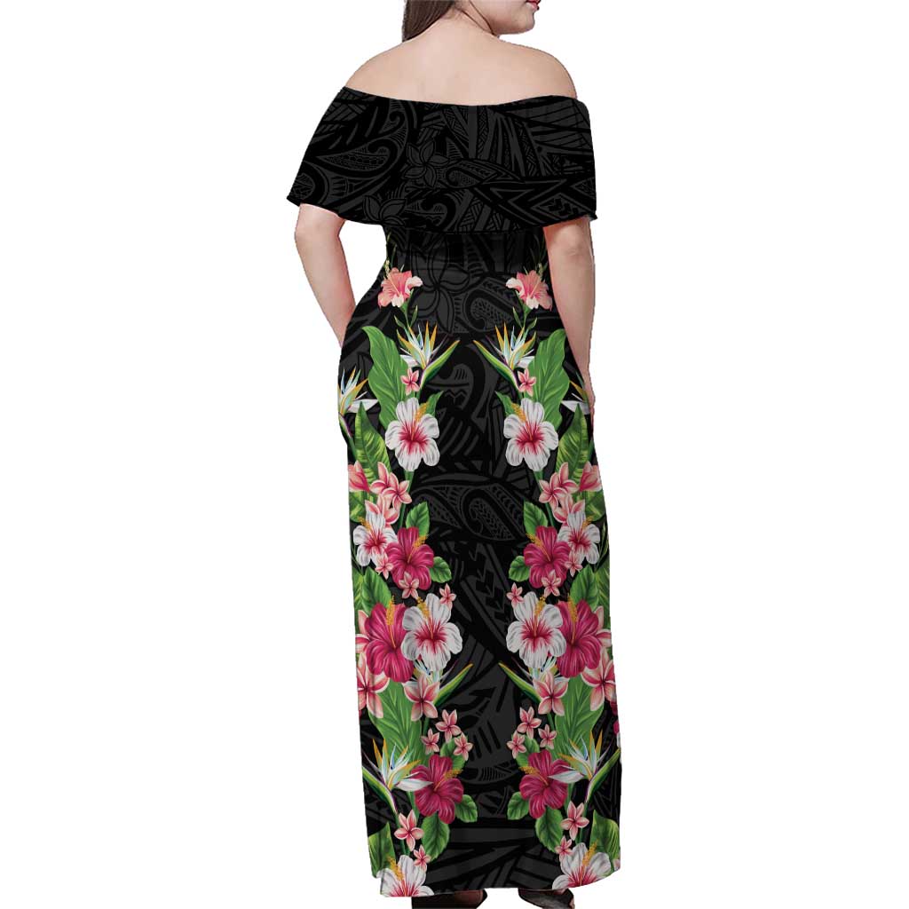 Hawaii Tropical Flowers Family Matching Off Shoulder Maxi Dress and Hawaiian Shirt Black Polynesian Tattoo Art LT05 - Polynesian Pride