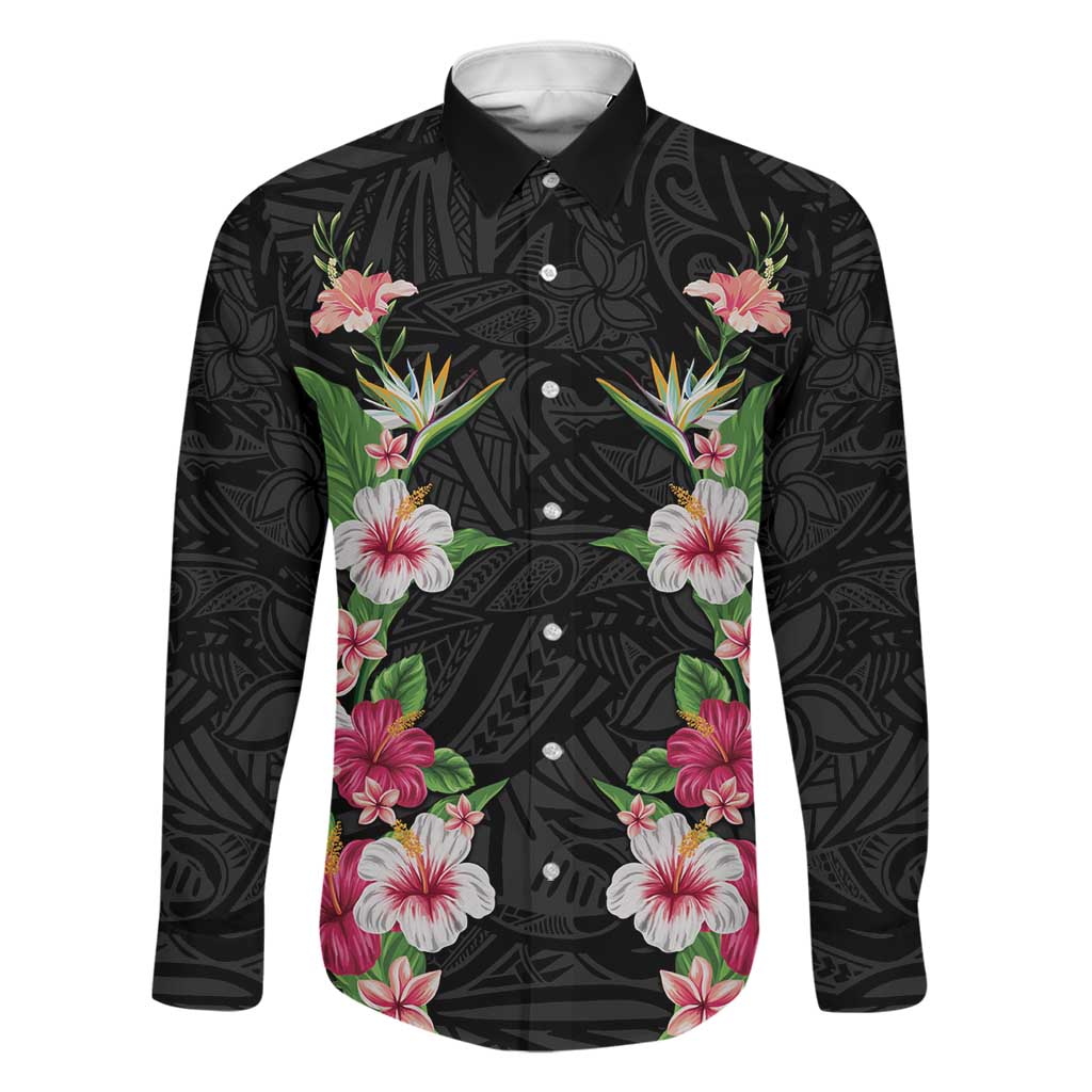 Hawaii Tropical Flowers Family Matching Off Shoulder Short Dress and Hawaiian Shirt Black Polynesian Tattoo Art LT05 Dad's Shirt - Long Sleeve Black - Polynesian Pride