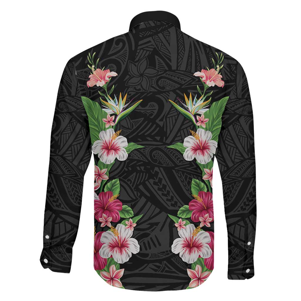 Hawaii Tropical Flowers Family Matching Off Shoulder Short Dress and Hawaiian Shirt Black Polynesian Tattoo Art LT05 - Polynesian Pride