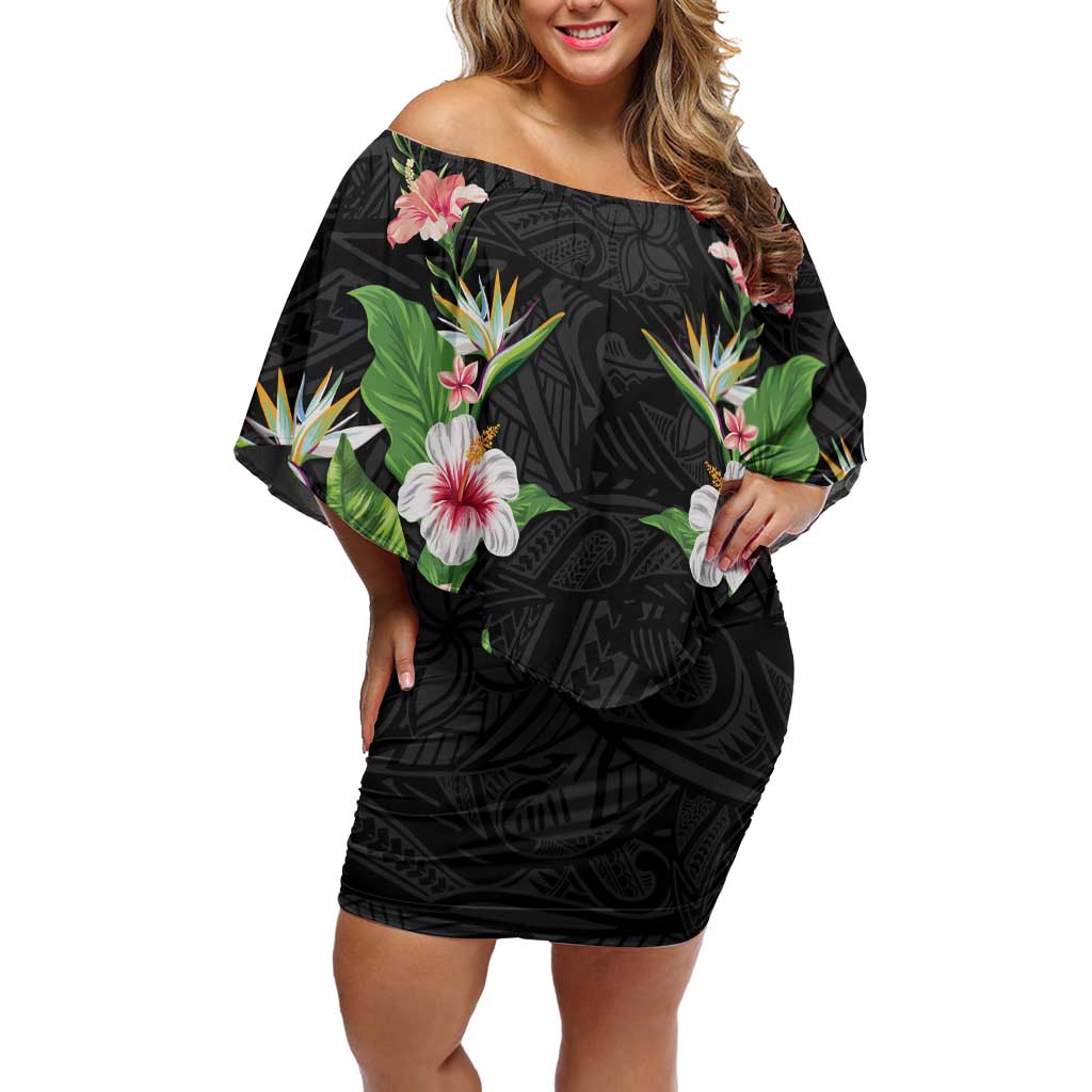 Hawaii Tropical Flowers Family Matching Off Shoulder Short Dress and Hawaiian Shirt Black Polynesian Tattoo Art LT05 Mom's Dress Black - Polynesian Pride