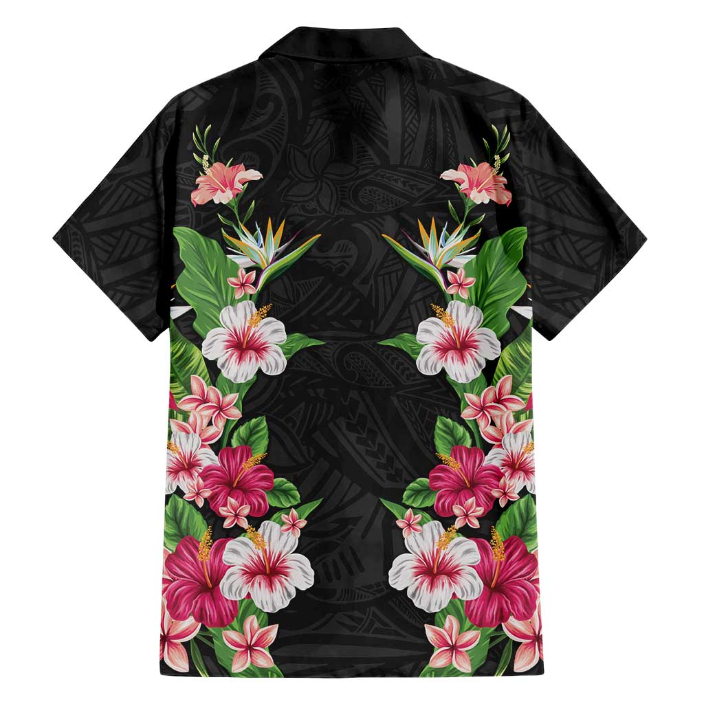 Hawaii Tropical Flowers Family Matching Puletasi and Hawaiian Shirt Black Polynesian Tattoo Art LT05 - Polynesian Pride
