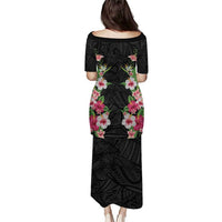 Hawaii Tropical Flowers Family Matching Puletasi and Hawaiian Shirt Black Polynesian Tattoo Art LT05 - Polynesian Pride