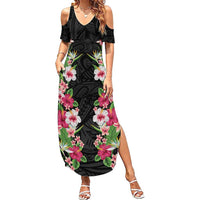 Hawaii Tropical Flowers Family Matching Summer Maxi Dress and Hawaiian Shirt Black Polynesian Tattoo Art LT05 Mom's Dress Black - Polynesian Pride