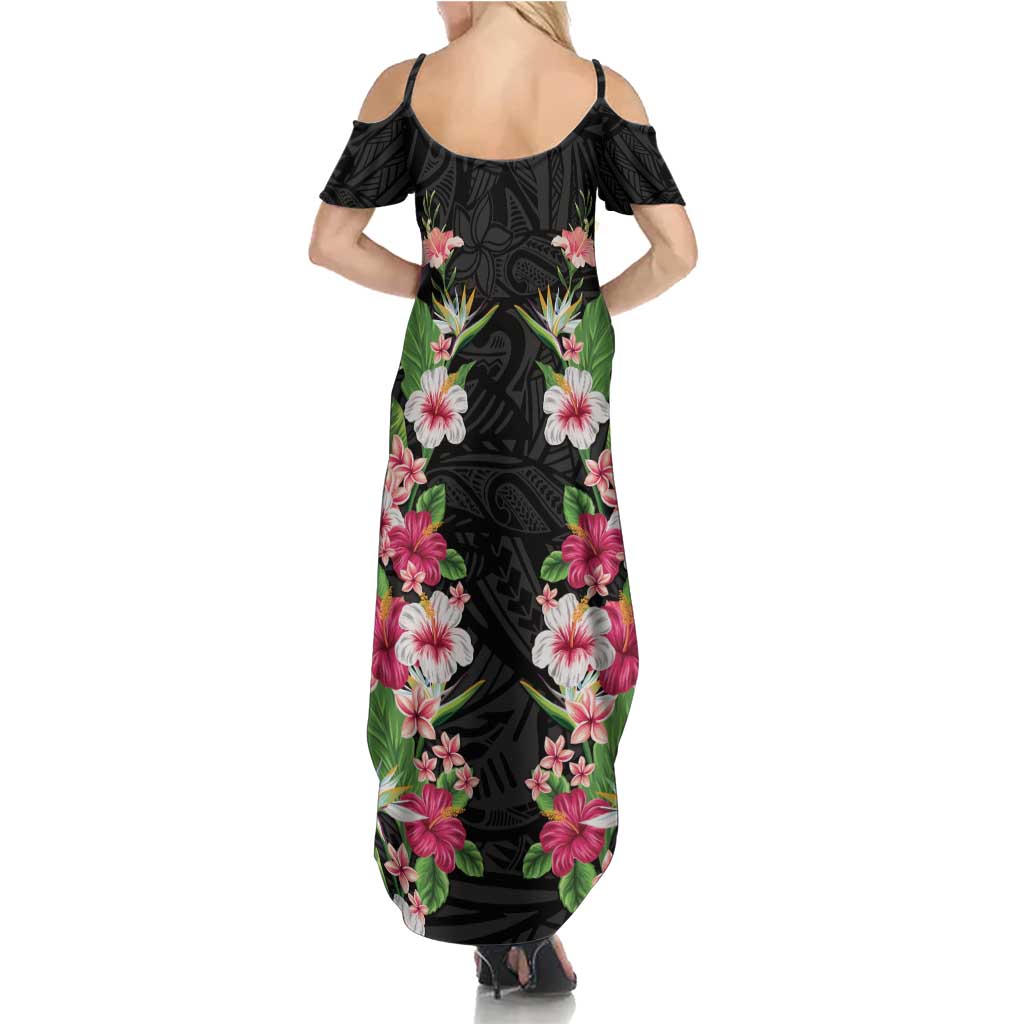 Hawaii Tropical Flowers Family Matching Summer Maxi Dress and Hawaiian Shirt Black Polynesian Tattoo Art LT05 - Polynesian Pride
