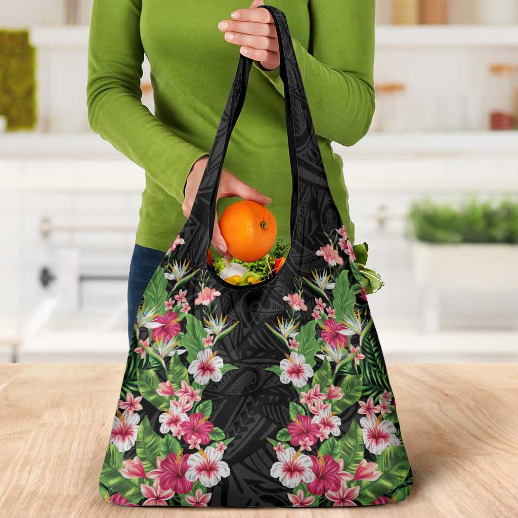 Hawaii Tropical Flowers Grocery Bag Black Polynesian Tattoo Art