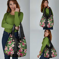 Hawaii Tropical Flowers Grocery Bag Black Polynesian Tattoo Art