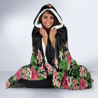 Hawaii Tropical Flowers Hooded Blanket Black Polynesian Tattoo Art