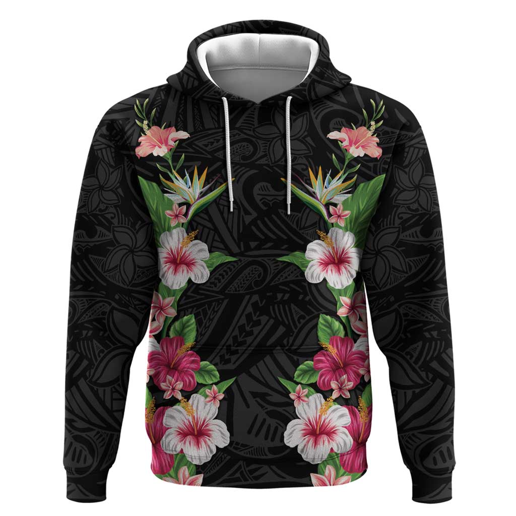 Hawaii Tropical Flowers Hoodie Black Polynesian Tattoo Art