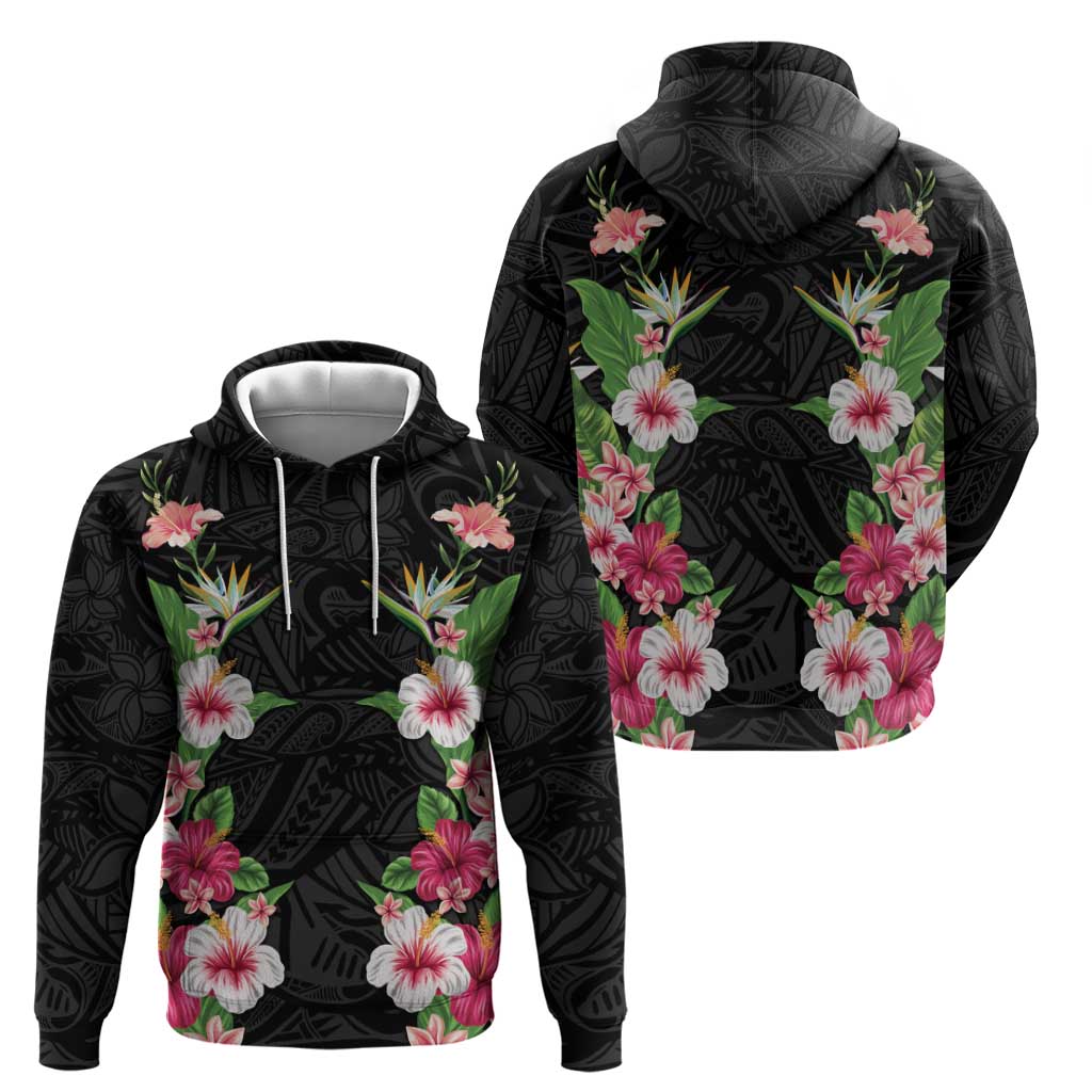 Hawaii Tropical Flowers Hoodie Black Polynesian Tattoo Art