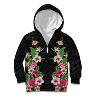 Hawaii Tropical Flowers Kid Hoodie Black Polynesian Tattoo Art
