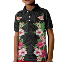 Hawaii Tropical Flowers Kid Polo Shirt Black Polynesian Tattoo Art