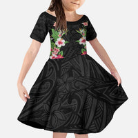 Hawaii Tropical Flowers Kid Short Sleeve Dress Black Polynesian Tattoo Art