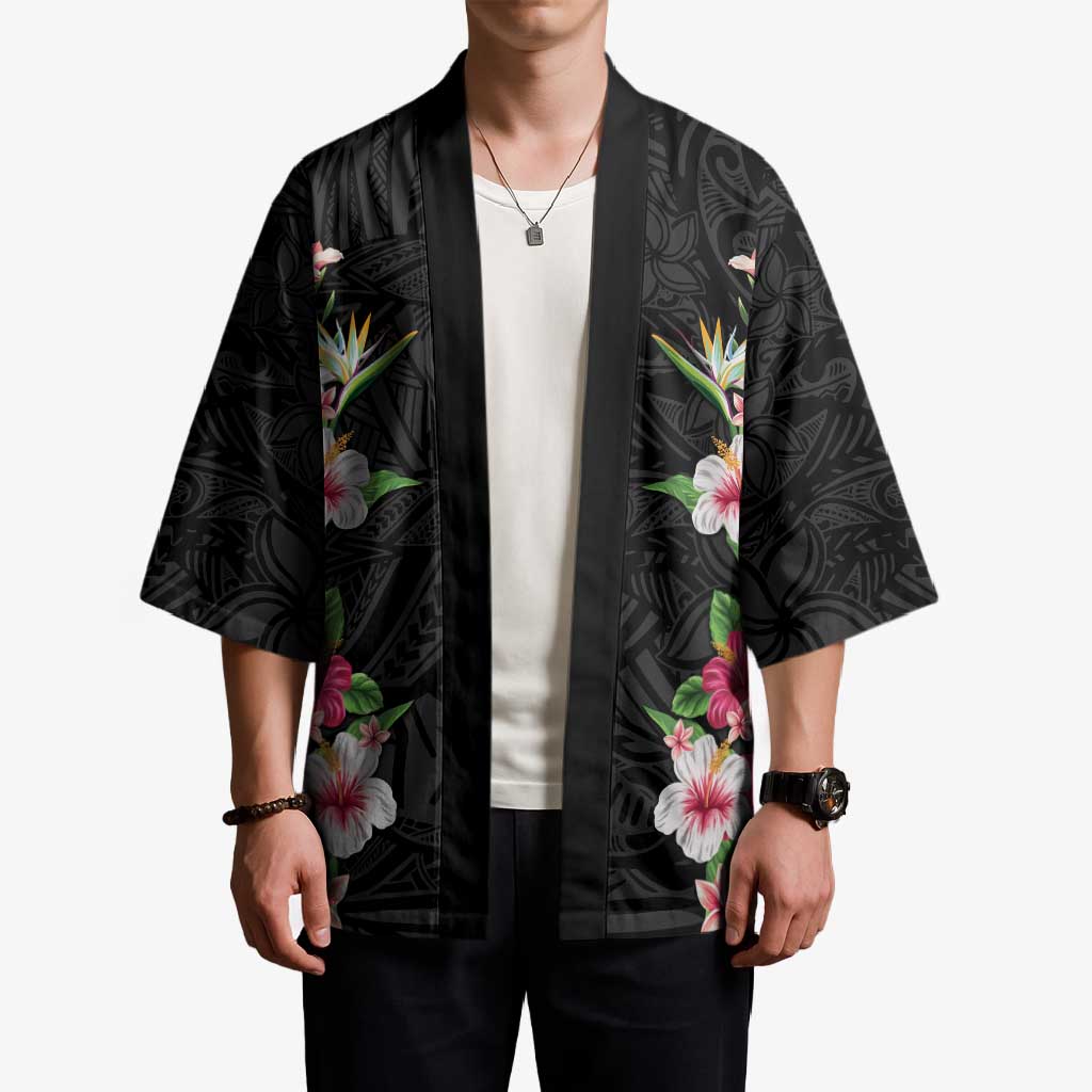 Hawaii Tropical Flowers Kimono Black Polynesian Tattoo Art