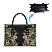 Hawaii Tropical Flowers Leather Bag Black Polynesian Tattoo Art