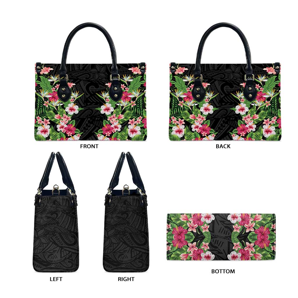 Hawaii Tropical Flowers Leather Bag Black Polynesian Tattoo Art