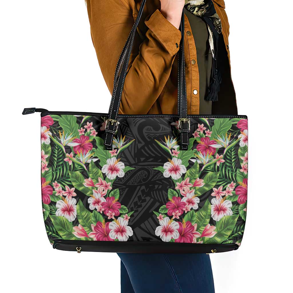 Hawaii Tropical Flowers Leather Tote Bag Black Polynesian Tattoo Art
