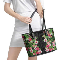 Hawaii Tropical Flowers Leather Tote Bag Black Polynesian Tattoo Art