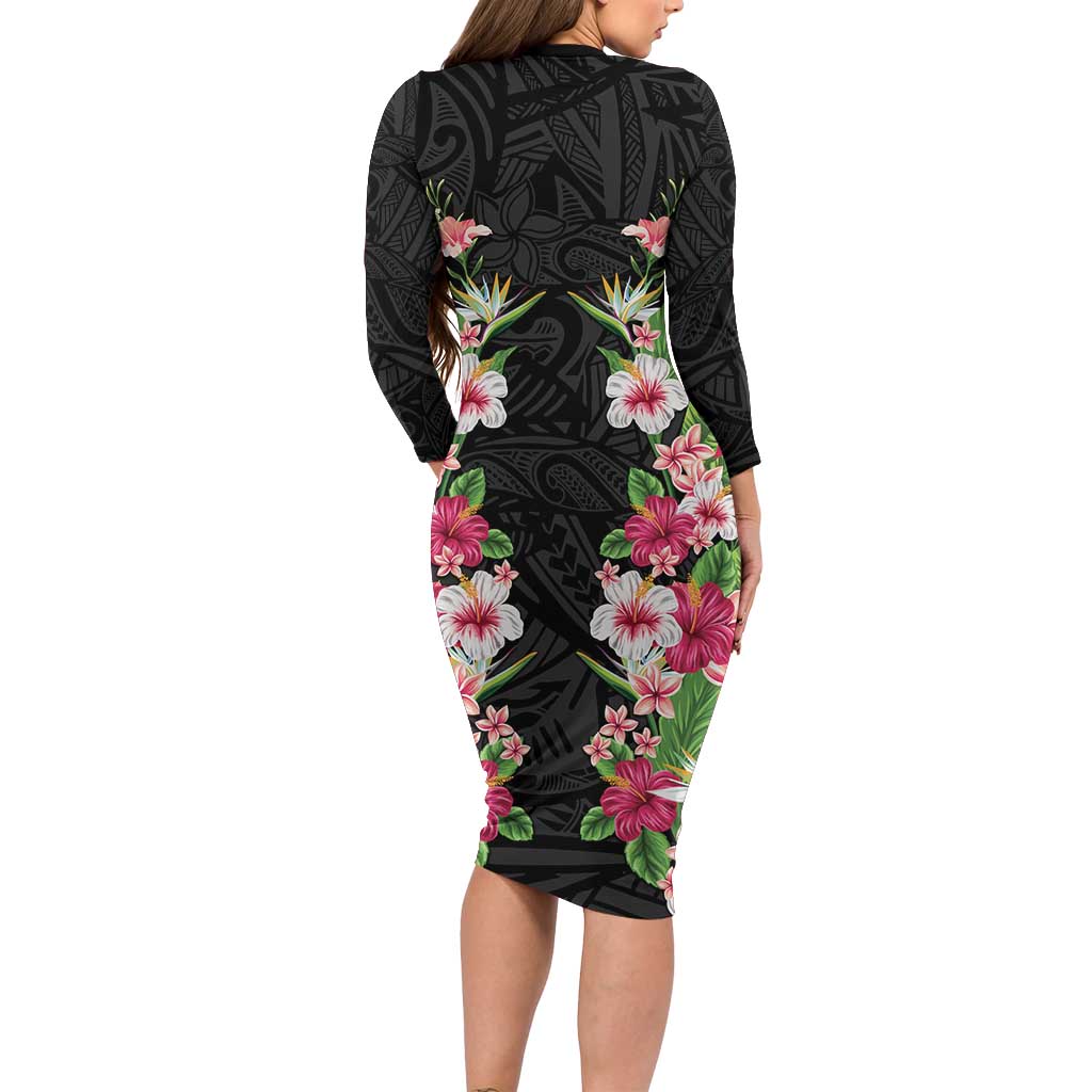 Hawaii Tropical Flowers Long Sleeve Bodycon Dress Black Polynesian Tattoo Art LT05 - Polynesian Pride