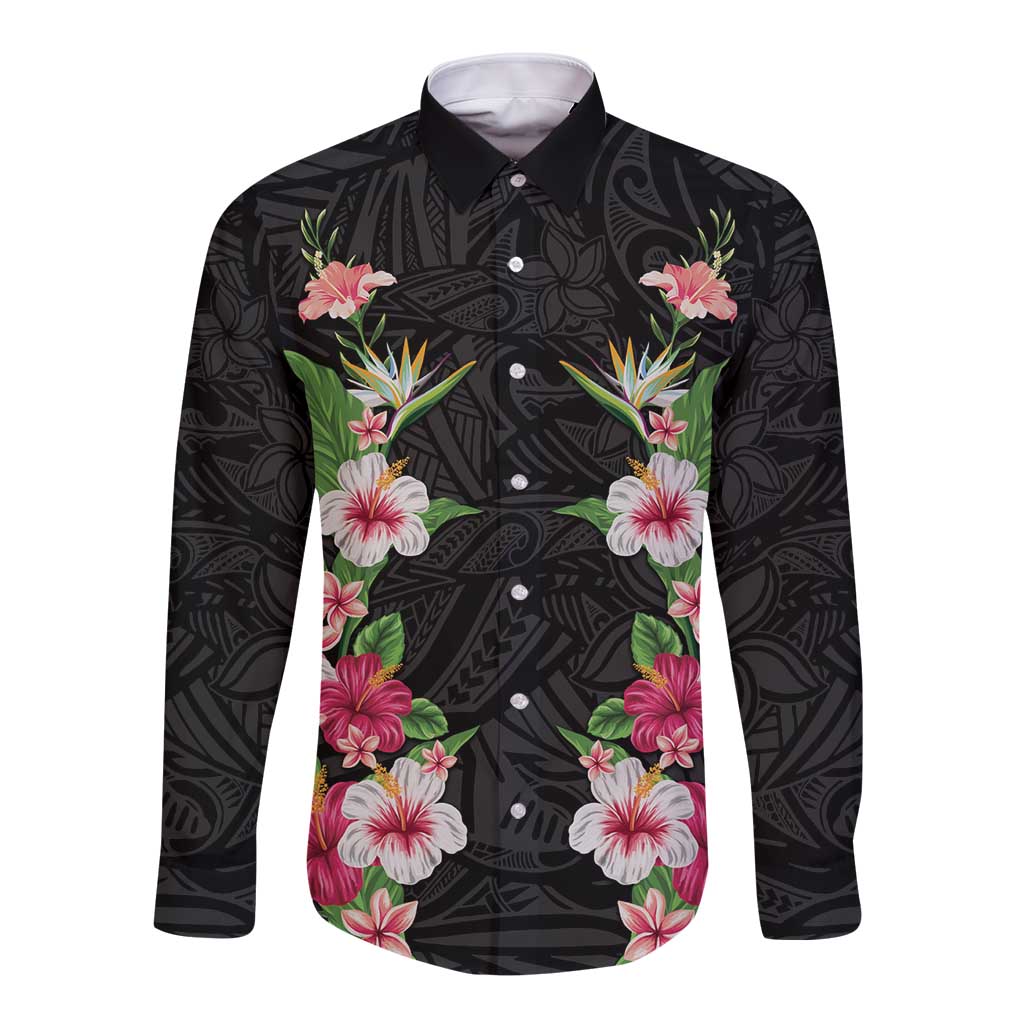 Hawaii Tropical Flowers Long Sleeve Button Shirt Black Polynesian Tattoo Art