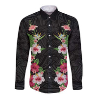 Hawaii Tropical Flowers Long Sleeve Button Shirt Black Polynesian Tattoo Art