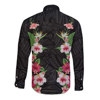 Hawaii Tropical Flowers Long Sleeve Button Shirt Black Polynesian Tattoo Art