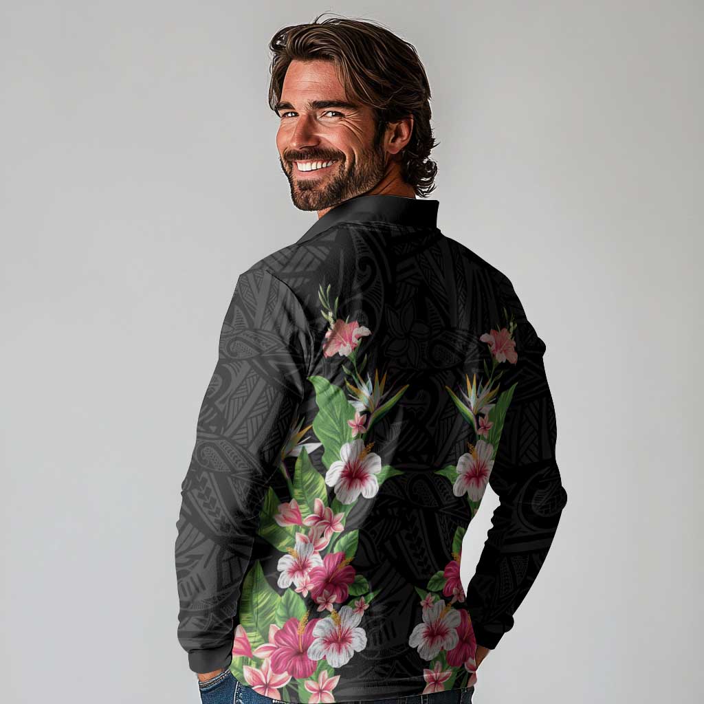 Hawaii Tropical Flowers Long Sleeve Polo Shirt Black Polynesian Tattoo Art