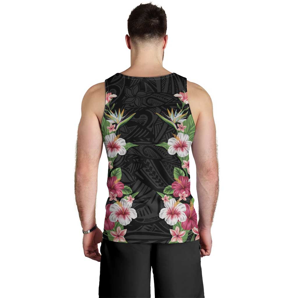 Hawaii Tropical Flowers Men Tank Top Black Polynesian Tattoo Art