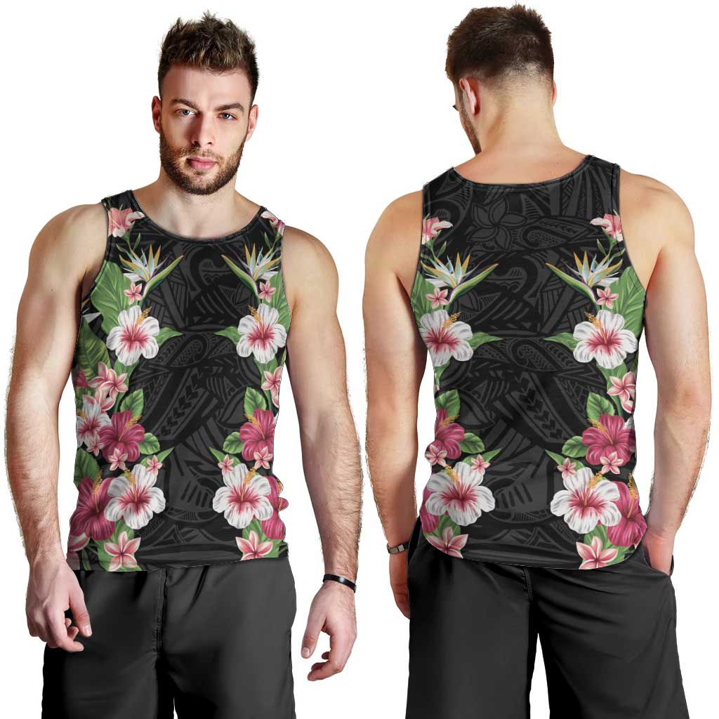 Hawaii Tropical Flowers Men Tank Top Black Polynesian Tattoo Art