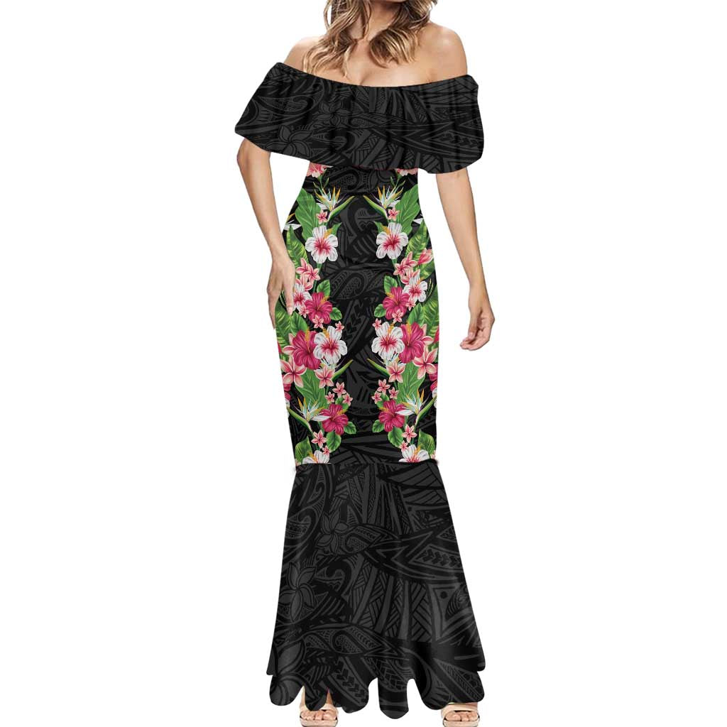 Hawaii Tropical Flowers Mermaid Dress Black Polynesian Tattoo Art