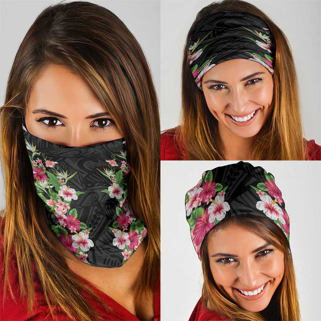 Hawaii Tropical Flowers Neck Gaiter Black Polynesian Tattoo Art