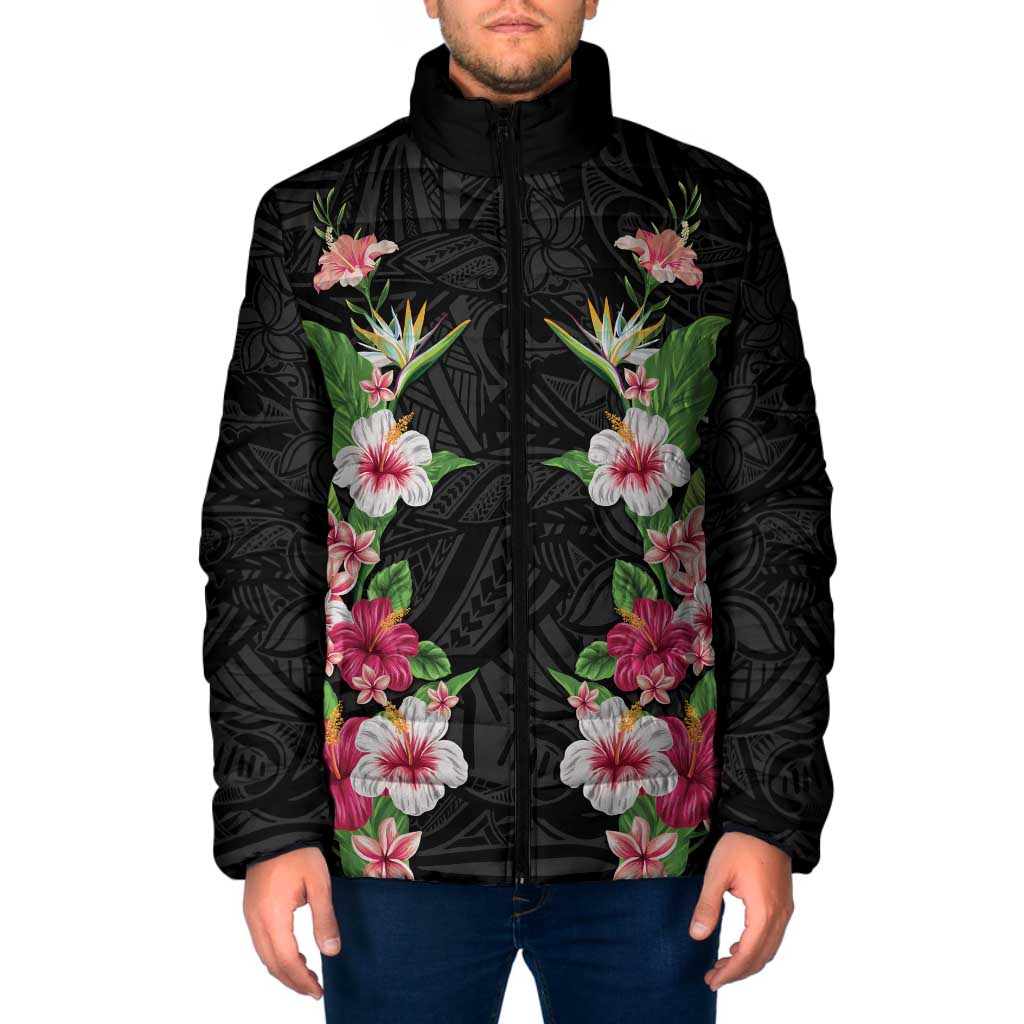 Hawaii Tropical Flowers Padded Jacket Black Polynesian Tattoo Art