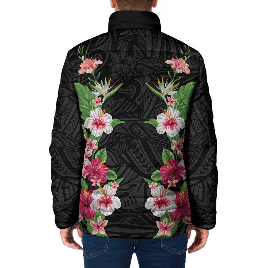 Hawaii Tropical Flowers Padded Jacket Black Polynesian Tattoo Art