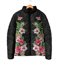 Hawaii Tropical Flowers Padded Jacket Black Polynesian Tattoo Art