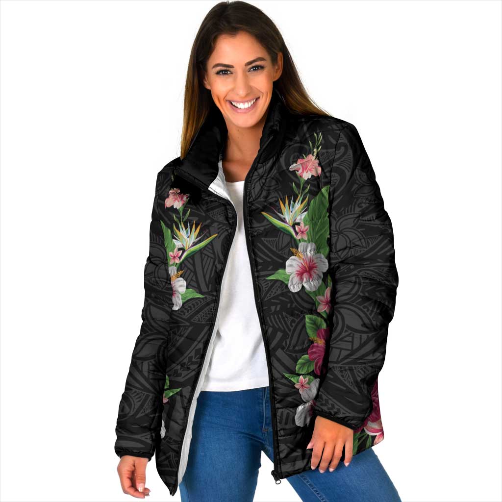 Hawaii Tropical Flowers Padded Jacket Black Polynesian Tattoo Art