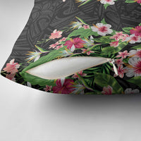 Hawaii Tropical Flowers Pillow Cover Black Polynesian Tattoo Art