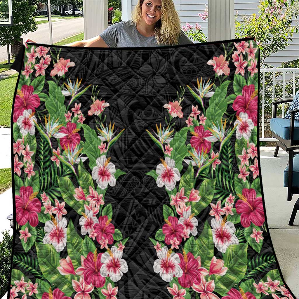 Hawaii Tropical Flowers Quilt Black Polynesian Tattoo Art
