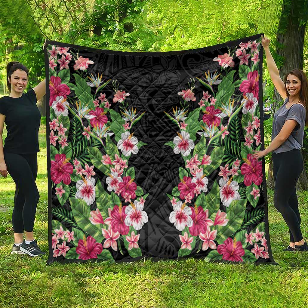 Hawaii Tropical Flowers Quilt Black Polynesian Tattoo Art