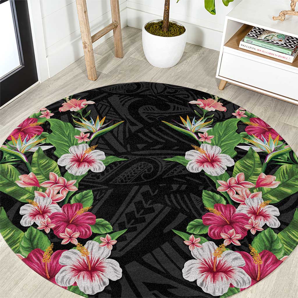 Hawaii Tropical Flowers Round Carpet Black Polynesian Tattoo Art
