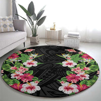 Hawaii Tropical Flowers Round Carpet Black Polynesian Tattoo Art