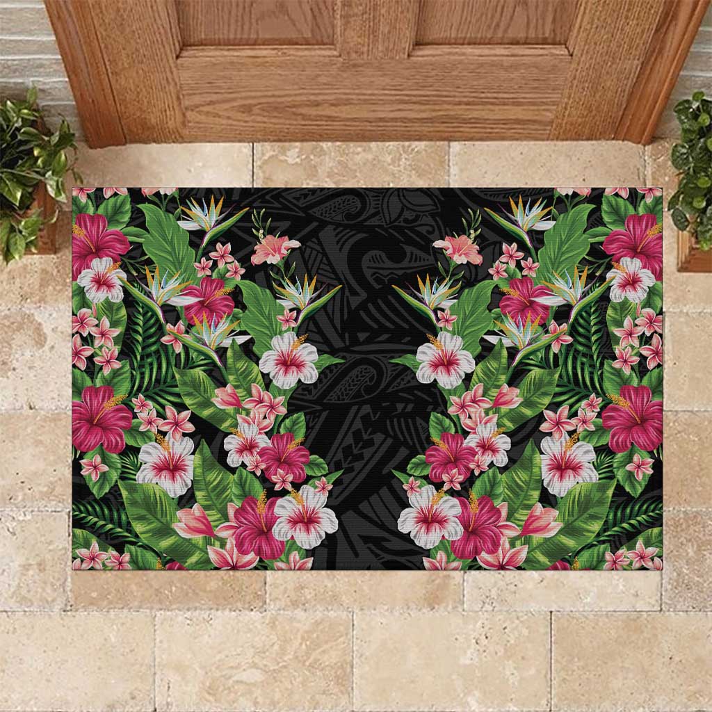 Hawaii Tropical Flowers Rubber Doormat Black Polynesian Tattoo Art