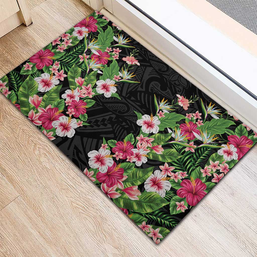 Hawaii Tropical Flowers Rubber Doormat Black Polynesian Tattoo Art