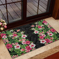 Hawaii Tropical Flowers Rubber Doormat Black Polynesian Tattoo Art