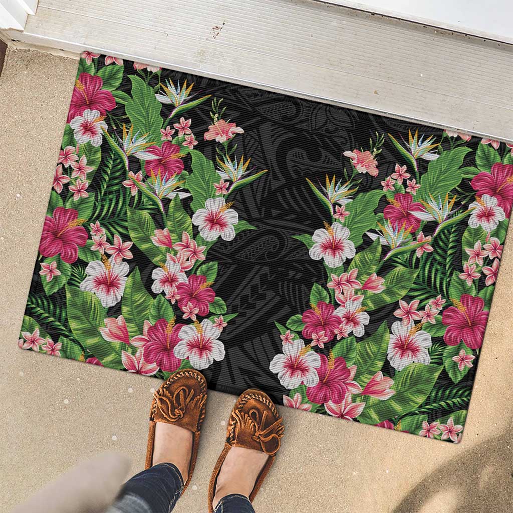 Hawaii Tropical Flowers Rubber Doormat Black Polynesian Tattoo Art