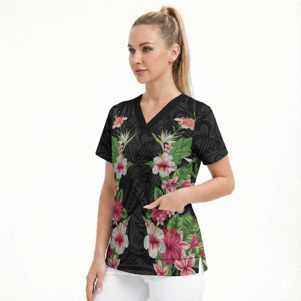 Hawaii Tropical Flowers Scrub Top Black Polynesian Tattoo Art