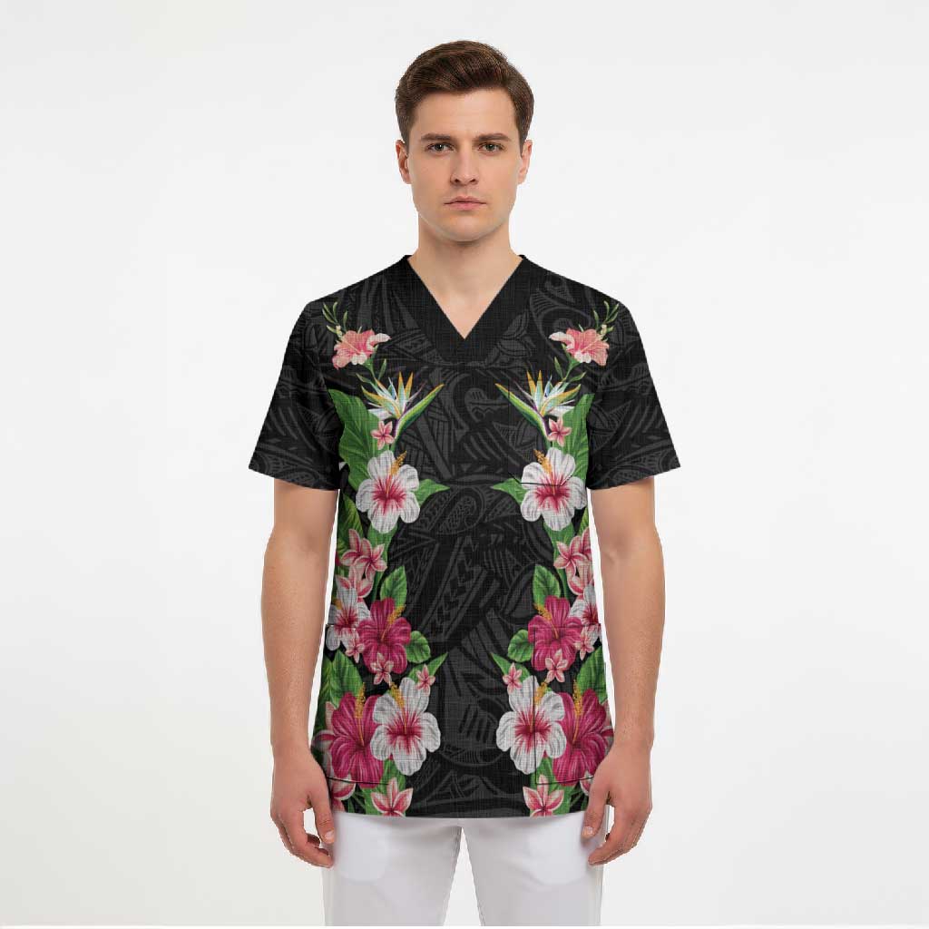 Hawaii Tropical Flowers Scrub Top Black Polynesian Tattoo Art